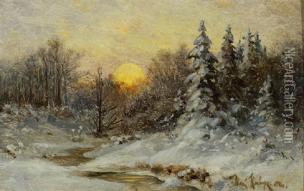 Wooded Winter Sunset Oil Painting - Yuliy Yulevich (Julius) Klever