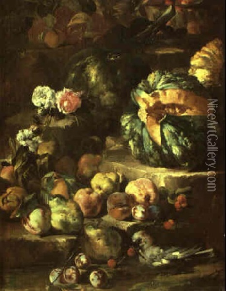 Still Life With Bowl Of Fruit And A Jay On A Rocky Bank Oil Painting - Abraham Brueghel