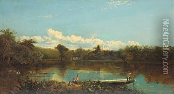 An Extensive Landscape With A Punt In The Foreground Oil Painting - Edmund John Niemann