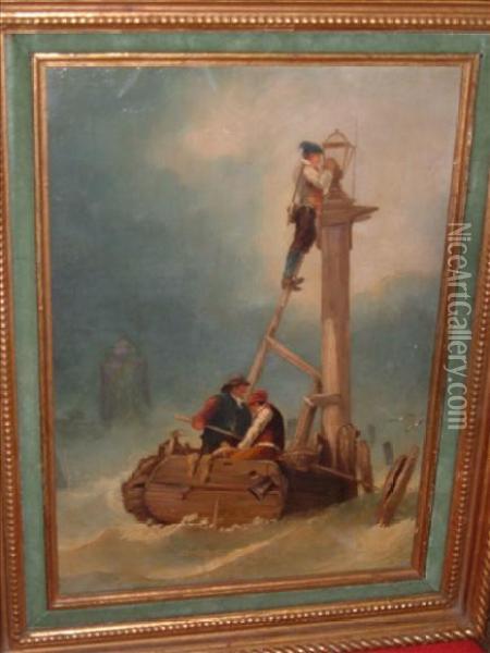 Figures In Aboat Attaching A Lantern To A Buoy Oil Painting - William Calcott Knell