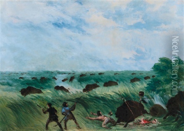 Stampede Of A Buffalo Herd Oil Painting - George Catlin