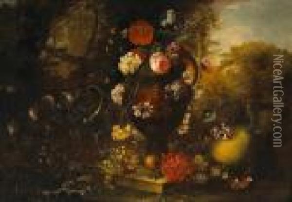 A Still Life With Fruit And Flowers In A Vase Oil Painting - Mathias Withoos