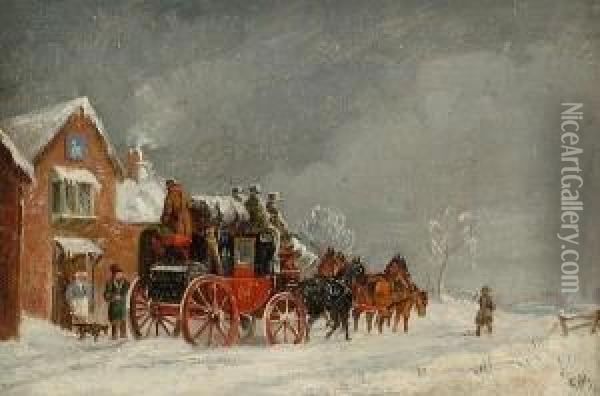 The London To York Coach In A Winter Landscape, And Another Coaching Scene Oil Painting - Charles Cooper Henderson