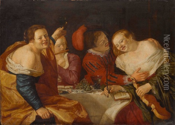 Kavalier Mit Drei Musizierenden Kurtisanen Oil Painting - Christian van Couwenbergh