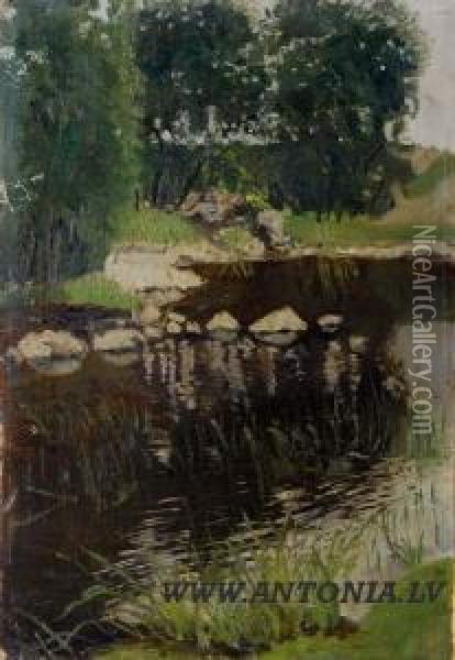 Banks Of River Oil Painting - Janis Valters