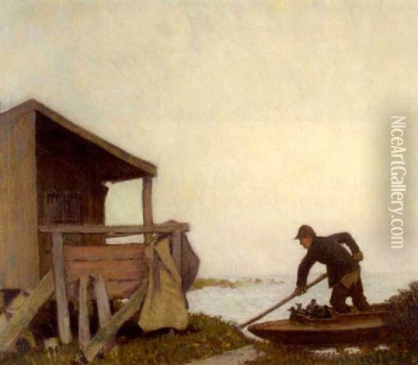 Duck Hunter Pushing Off Oil Painting - Arthur Schneider