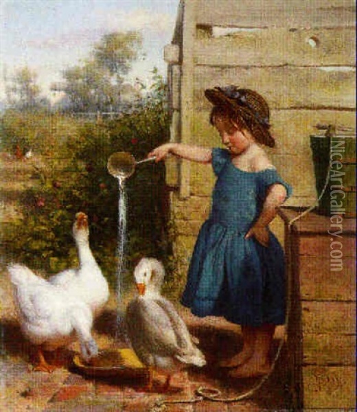 Feeding The Geese Oil Painting - Seymour Joseph Guy