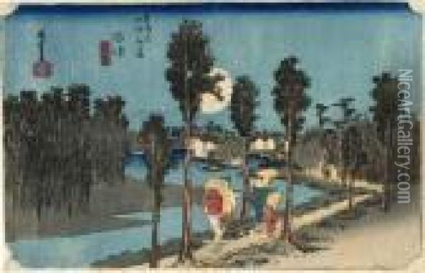 Les 53 Stations Du Tokaido, Numazu, Tasogare-zu Oil Painting - Utagawa or Ando Hiroshige