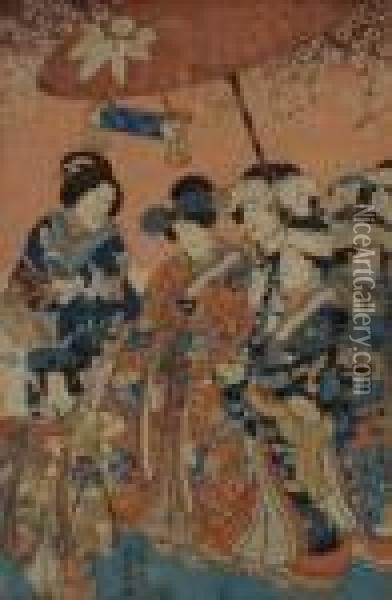 Groupe Feminin Sous Une Ombrelle Oil Painting - Kunisada