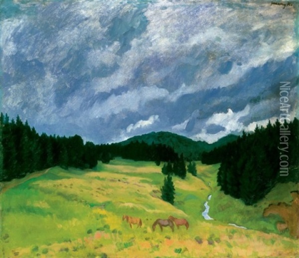 Borus Taj - Izvora Fenyvessel (cloudy Landscape - Izvora With Pine-grove)) Oil Painting - Karoly Ferenczy