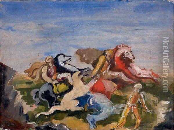 Cavaliers Attaques Par Un Lion Oil Painting - Charles Georges Dufresne