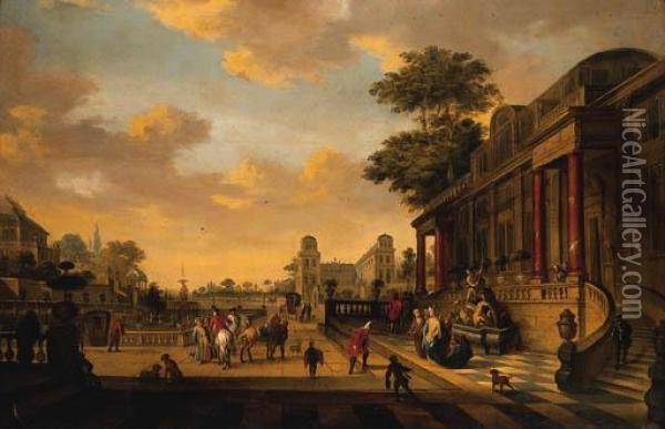 A Capriccio Of A Baroque Palace With A Lady Greeting A Gentleman Ona Terrace Oil Painting - Egbert Jaspersz. van, the Elder Heemskerck