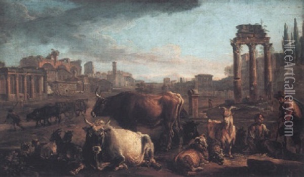 Shepherds With Their Cattle In The Roman Forum Oil Painting - Andrea Locatelli