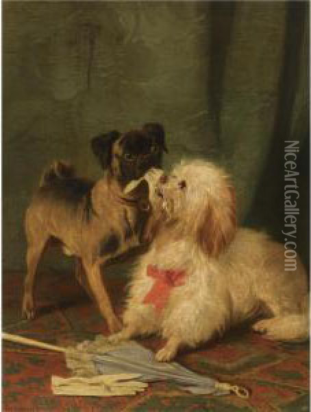 A Pug And A Maltese Playing Tug-of-war Oil Painting - Conradyn Cunaeus