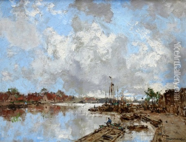 Rustige Haven In De Ochtend Met Aangemeerde Vissersboten Oil Painting - Johan Hendrik van Mastenbroek