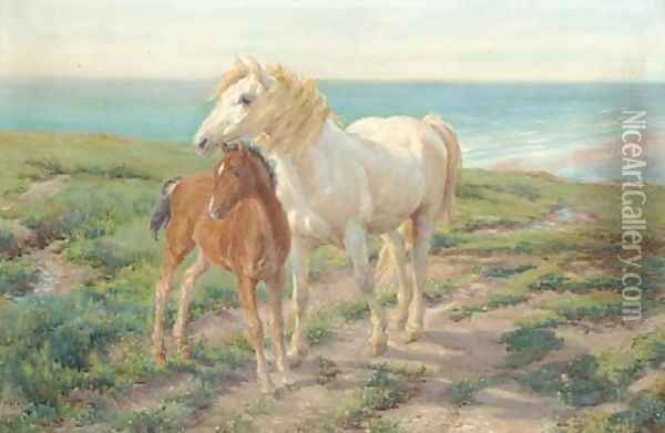 A mare and foal on a clifftop Oil Painting - Henry William Banks Davis