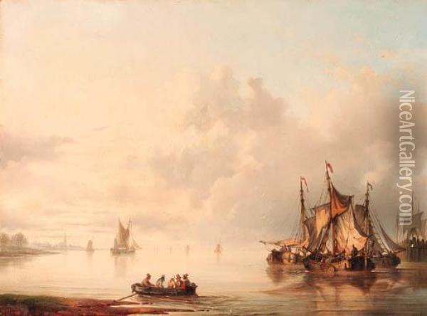 Moored Vessels In A Harbour Oil Painting - Hendrik Albertus Kleijn