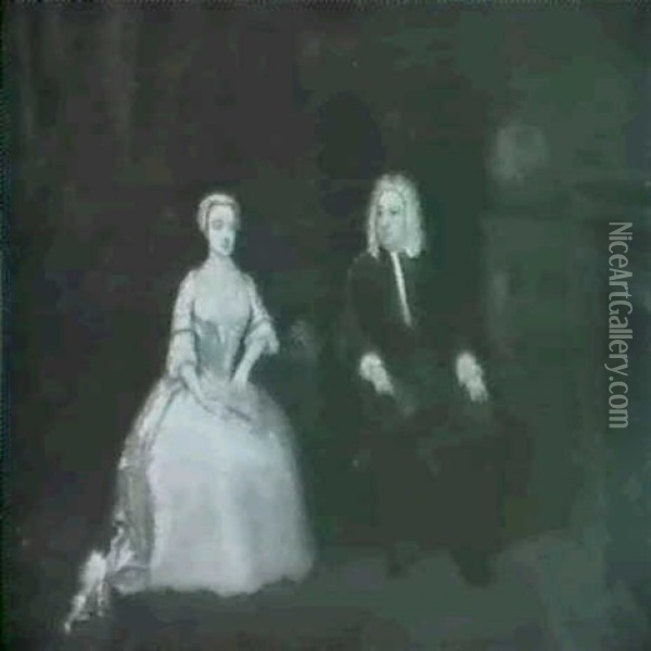 Portriat Of A Lady And A Gentleman In An Interior Oil Painting - Gawen Hamilton