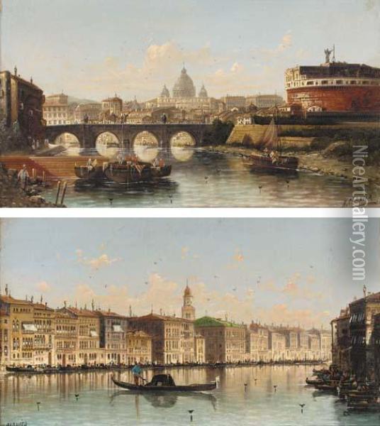 Rome, From The Castel Sant'angelo; And The Grand Canal, Venice Oil Painting - Hippolyte Garnier