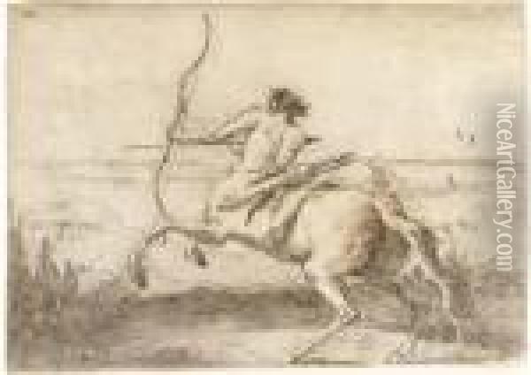 A Centaur Drawing A Bow In A Landscape Oil Painting - Giovanni Domenico Tiepolo