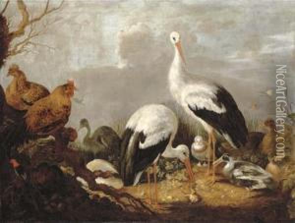 Storks, Mallards, Chickens, A Heron, A Frog And Other Birds In A River Landscape Oil Painting - Gijsbert Gillisz. de Hondecoeter
