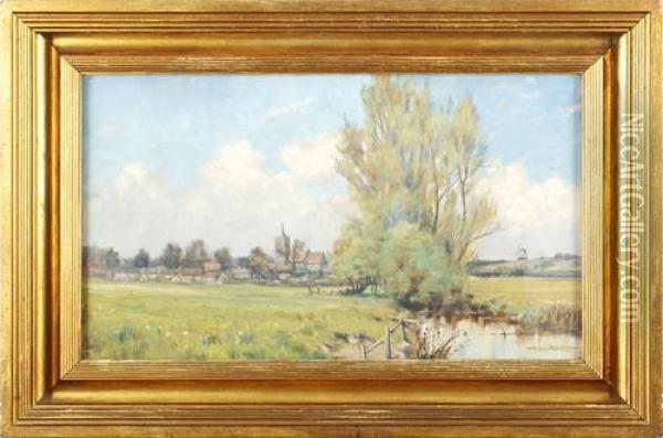 View Of Village And Church With River, Windmill In Background Oil Painting - Arthur Johnston Ryle