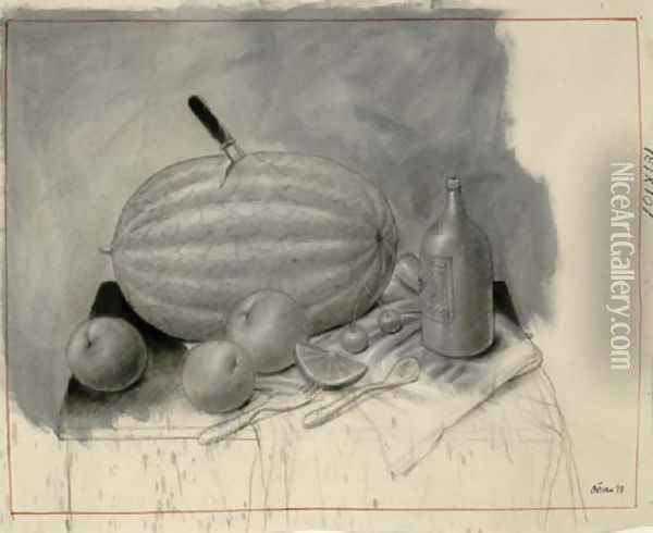 Still Life With Watermelon Oil Painting - Fernando Botero