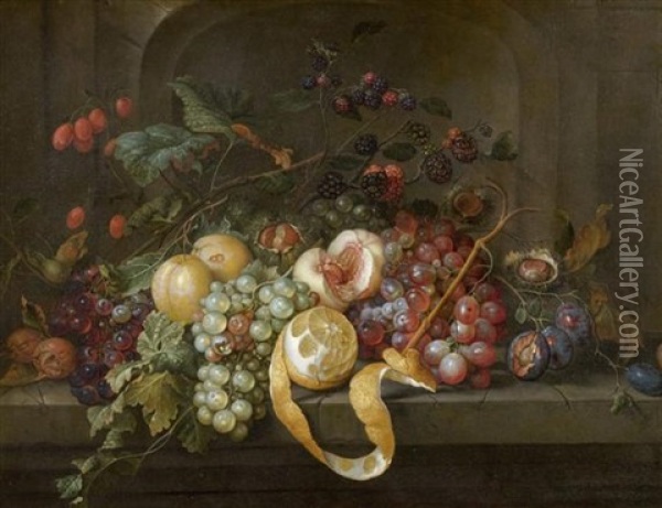 De Fruchtestillleben Mit Nussen Auf Einem Steintisch Oil Painting - Jan Davidsz De Heem