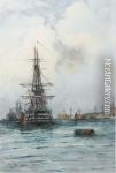 H.m.s. Duke Of Wellington, Portsmouth Harbour Oil Painting - Thomas Bush Hardy