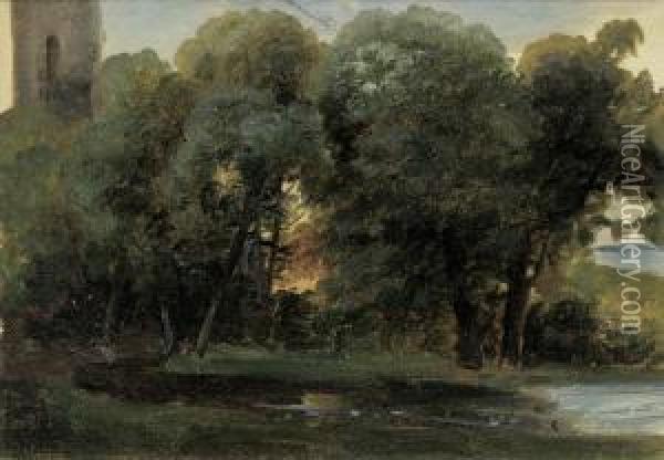 Waldstuck An Einem Weiher Im Abendlicht Oil Painting - Johann Wilhelm Schirmer