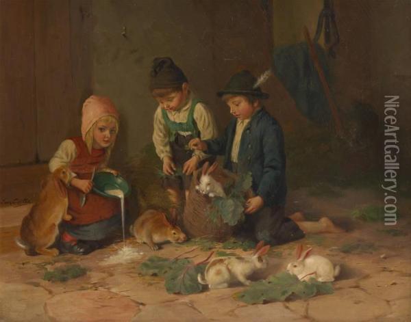 Les Enfants Et Les Lapins Oil Painting - Leon Caille