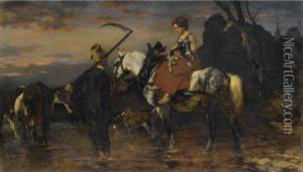 Durch Die Furt (fording The River) Oil Painting - Wilhelm Von Diez