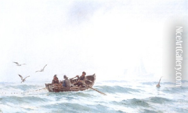 Marine Med Fiskere I Robad Der Saetter Garn Ud Oil Painting - Carl Ludvig Thilson Locher