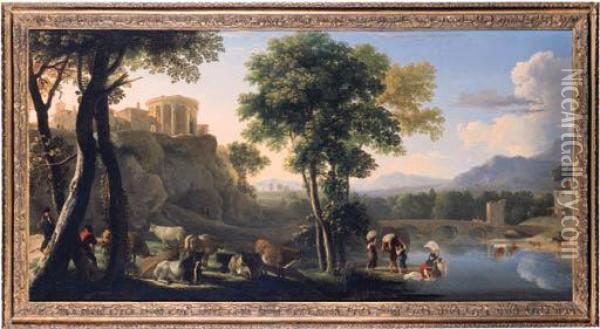 An Italianate Landscape With A Drover Oil Painting - Herman Van Swanevelt