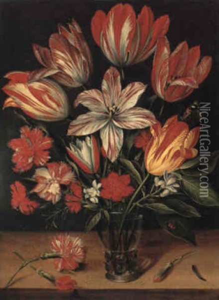 Tulipes, Oeillets Et Fleurs D'oranger Dans Un Vase Oil Painting - Jacob van Hulsdonck