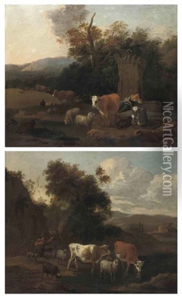 A Wooded Landscape With A Drover And Her Cattle At Rest By Classical Ruins (+ A Wooded River Landscape With A Drover And His Cattle Watering; Pair) Oil Painting - Michiel Carree