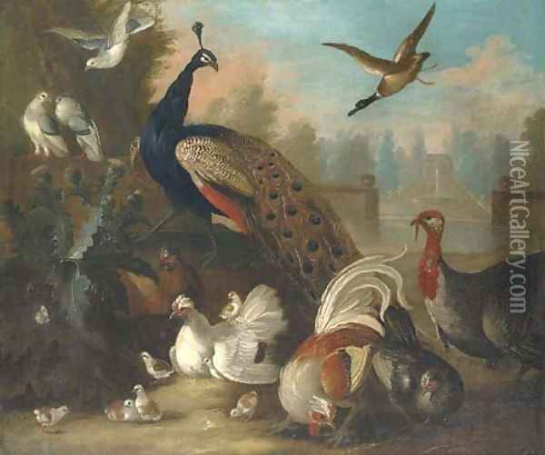 A peacock and other birds in an ornamental landscape Oil Painting - Marmaduke Craddock