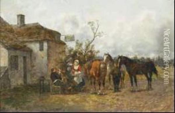 Travellers And Maid Outside A Village Tavern Oil Painting - Heinrich Breling
