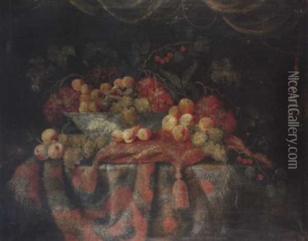 A Wan-li Kraak Dish With Grapes, Peaches And Figs On A Draped Tale With A Cushion And Other Fruit Oil Painting - Jacques Hupin