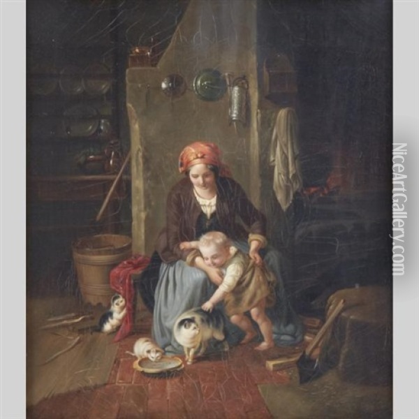 The Favourite; Playtime With Mother Cat And Her Kittens (pair) Oil Painting - Franz Meyerheim