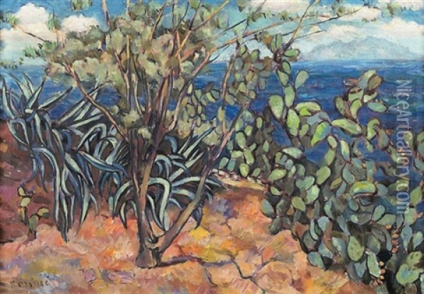 Landscape With Aloe And Cactus, Corsica Oil Painting - Vladimir Davidovich Baranoff-Rossine