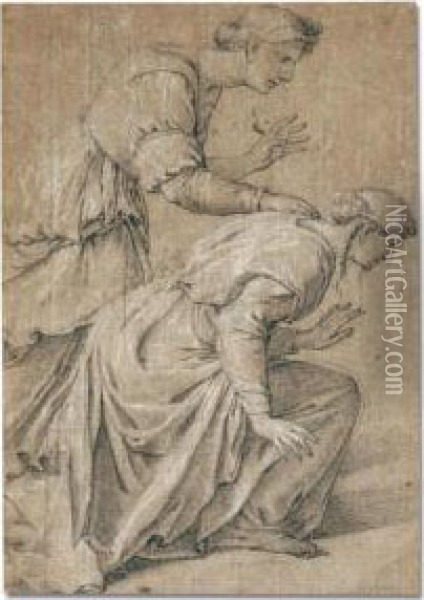 Study Of Two Women, One Standing, One Kneeling Oil Painting - Eustache Le Sueur