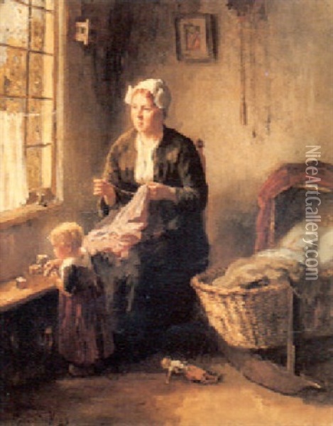 Mother And Children In An Interior Oil Painting - Bernard de Hoog