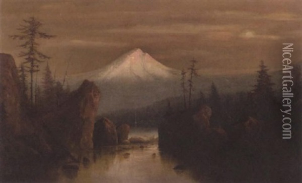 Night Camp At Lakeshore With Mount Hood In The Distance Oil Painting - Harry Cassie Best