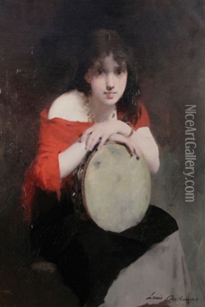 Lady With A Tambourine Oil Painting - Louis Henri Deschamps