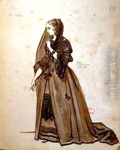 Costume design for the role of Dona Elvire in an 1847 production of Don Juan Oil Painting - Achille-Jacques-Jean-Marie Deveria