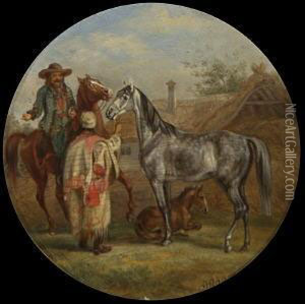Ungarischer Reiter Mit
 Pferdehandler Vor Einem Bauernhaus. Oil Painting - Adam Albrecht