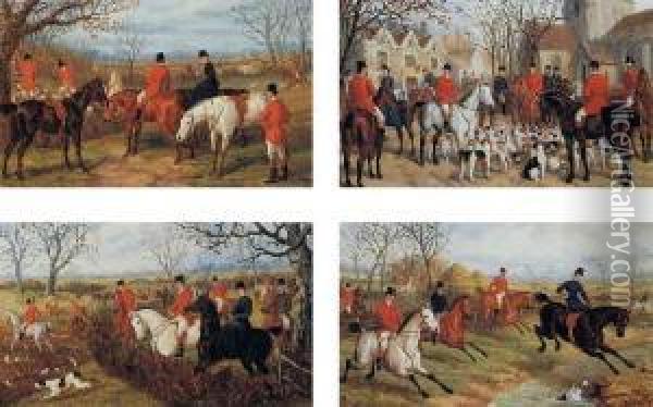 The Meet; Drawing Cover; Full Cry; And The Kill, A Set Of Four
 Paintings Oil Painting - Edward Benjamin Herberte