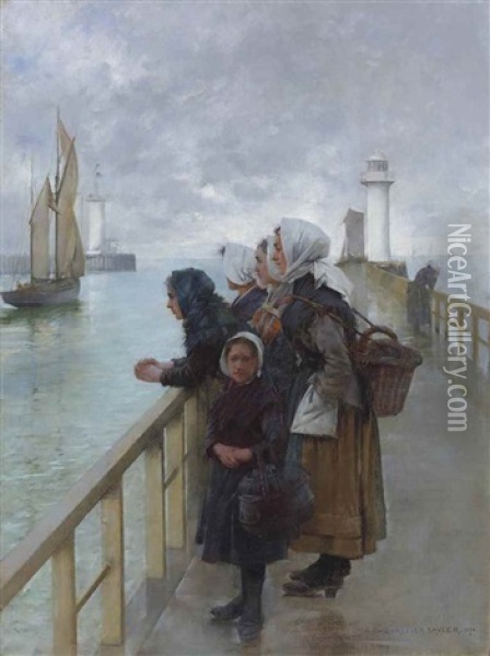 Watching The Sea, Boulogne Harbour, France Oil Painting - Albert Chevallier Tayler