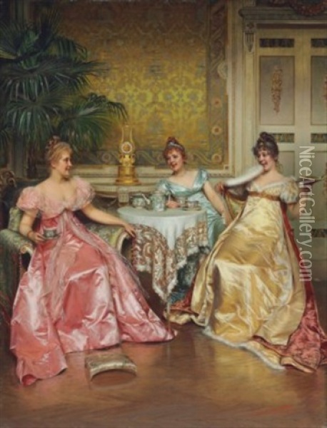 Afternoon Tea For Three Oil Painting - Charles Soulacroix
